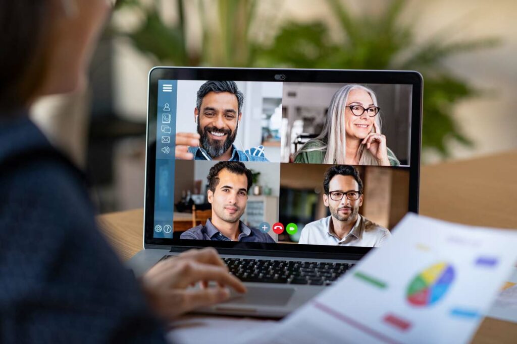 Workers using Teams for a video conference