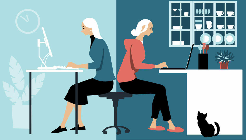 depiction of two female IT consultants working from home at their desks